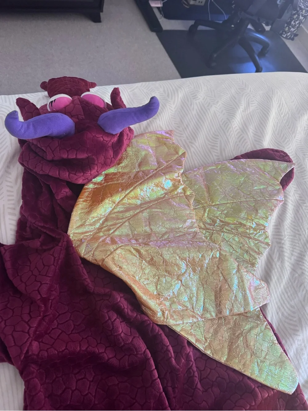 Kids Burgundy Plush Dragon Costume - Hooded Onesie size 6-7 (L)